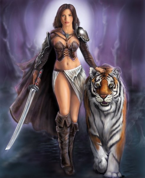 Амазонка женщина с тигром
