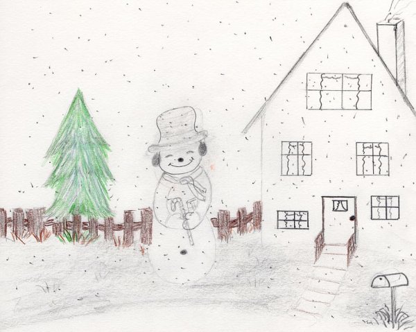 Дом со снеговиком рисунок