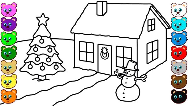 Снеговик и домик рисунок