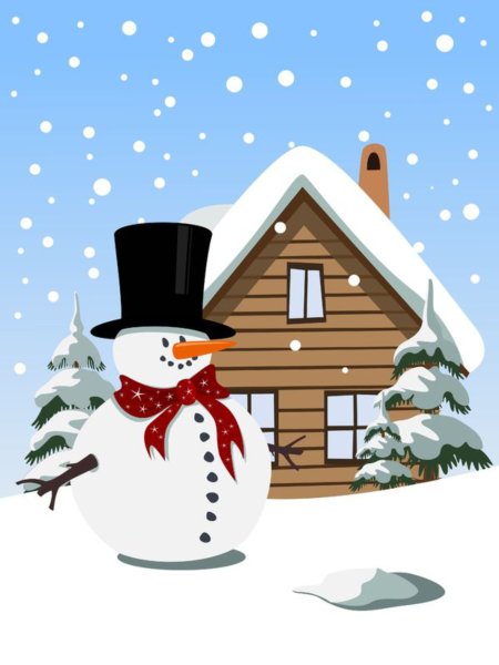 Снеговик с домиком и елкой