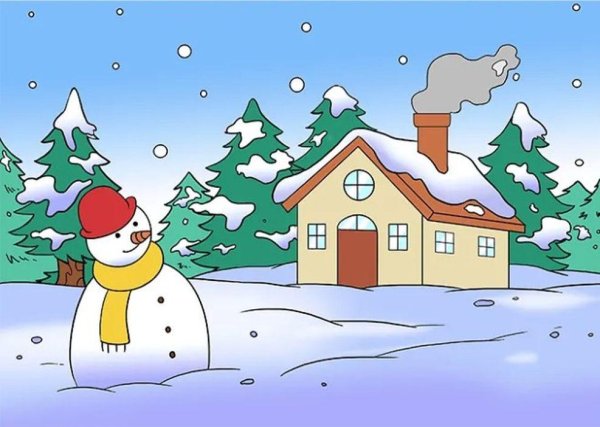 Зимний пейзаж с домиком и снеговиком