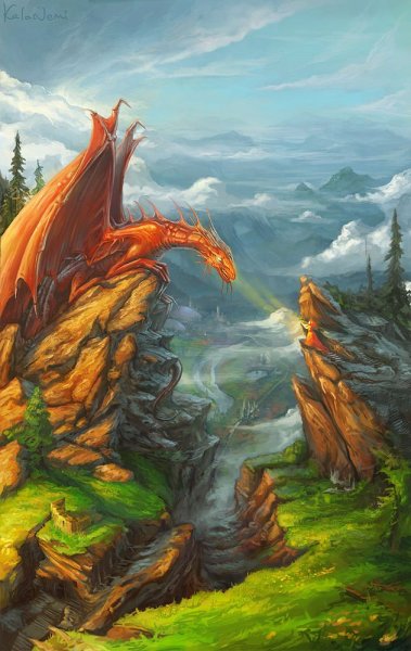Фантастический пейзаж с драконом