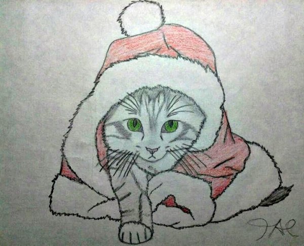 Нарисованная кошка в шапочке