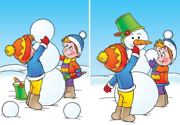 Дети лепят снеговика иллюстрация