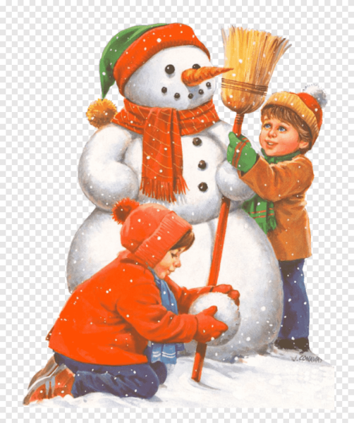 Дети лепят снеговика на прозрачном фоне