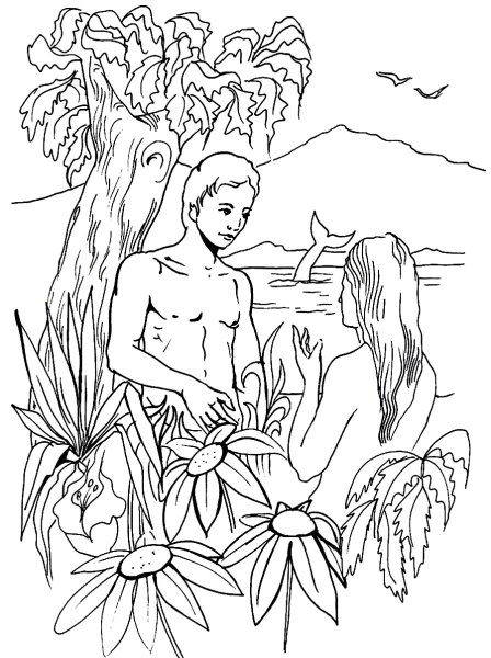 Адам и ева в раю раскраска