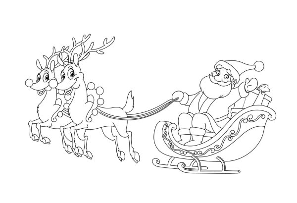 Дед Мороз на санях с оленями рисунки