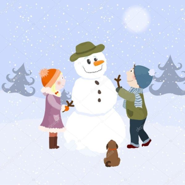 Мальчик и девочка лепят снеговика
