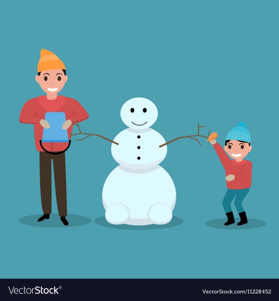 Отец с детьми лепит снеговика