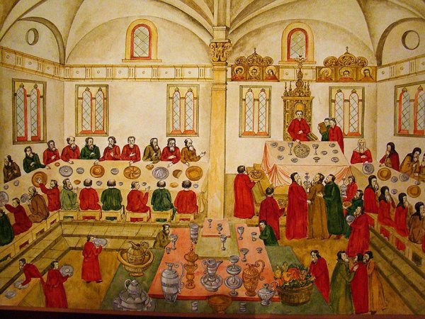 Царский пир в Грановитой палате Московского Кремля. Миниатюра. 1673 Г.