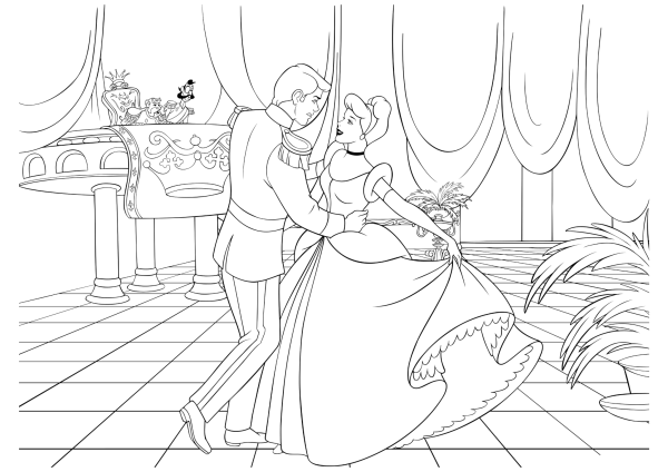 Раскраска Золушка и принц на балу