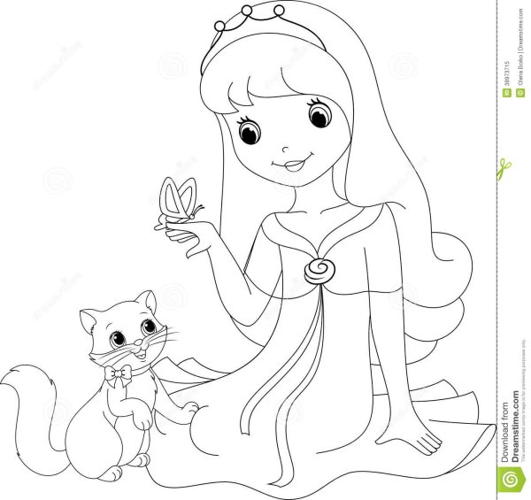 Разукрашка принцесса с котенком