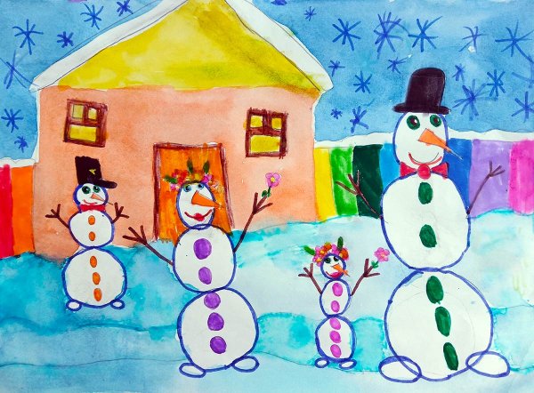 Рисование семья снеговиков
