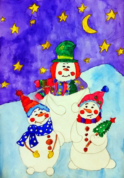 Рисование семья снеговиков