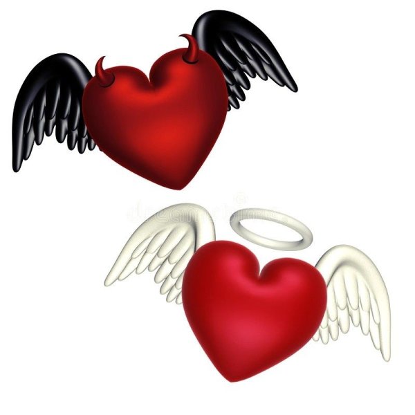 Сердечки с крыльями ангела и демона