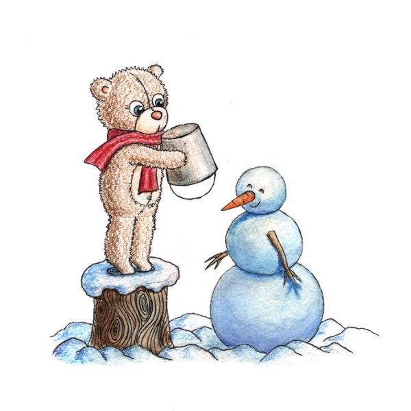 Медвежонок мишка катает снежный ком