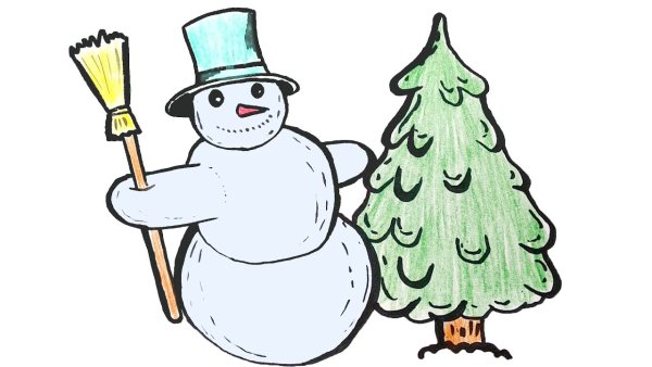 Нарисовать елку и снеговика