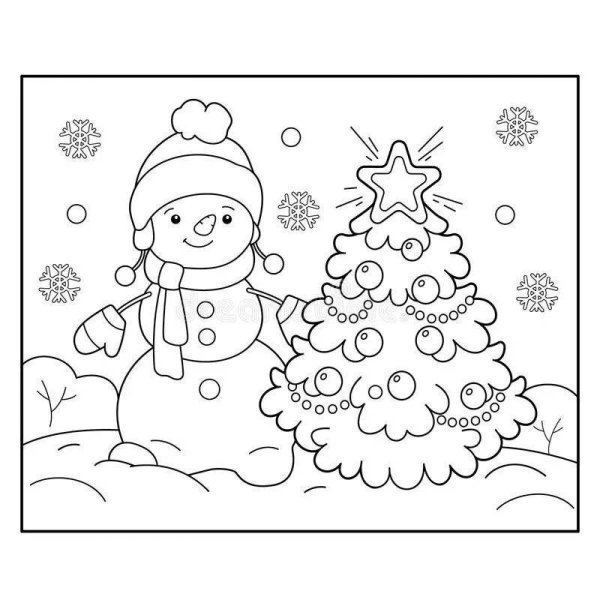 Снеговик и елка раскраска для детей
