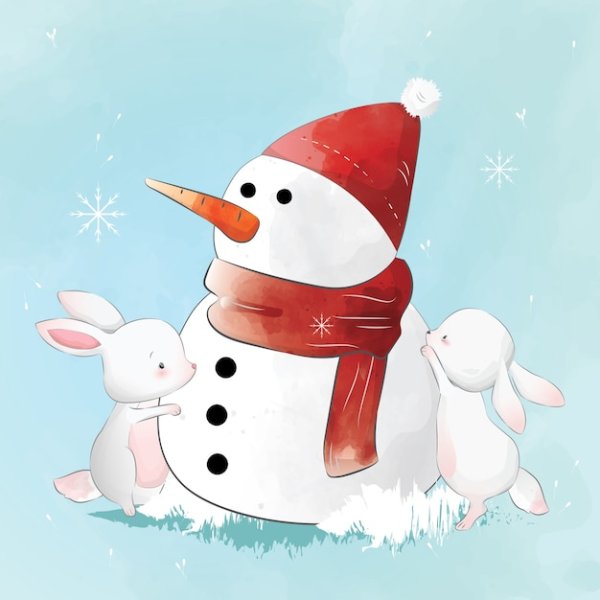 Снеговик и зайчик рисунок