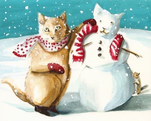 Кот и Снеговик живопись
