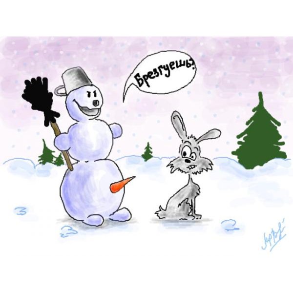 Карикатура заяц и Снеговик