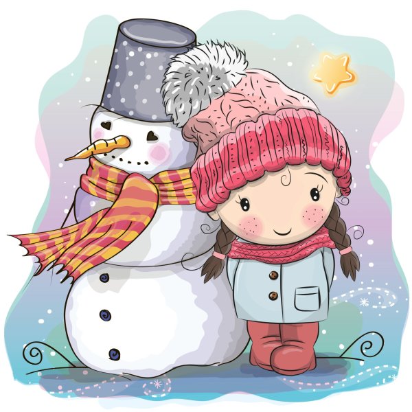 Девочка и Снеговик рисунок новогоднее