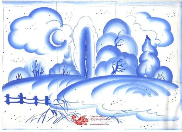 Рисование зимнего пейзажа в гжельской росписи