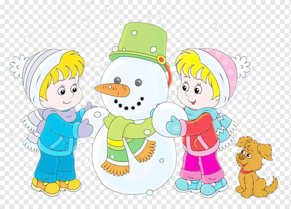 Дети лепят снеговика на прозрачном фоне