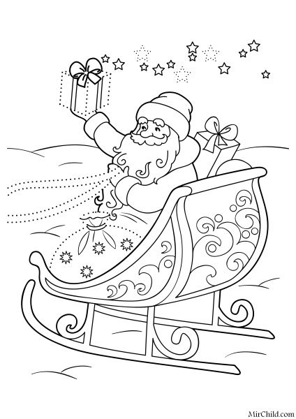 Раскраска Новогодняя для детей с дед Морозом на санках
