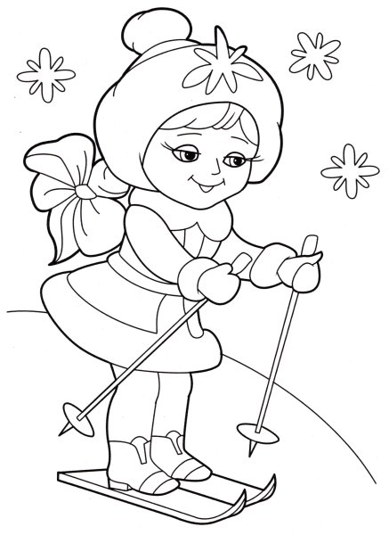 Девочка на лыжах раскраска для детей