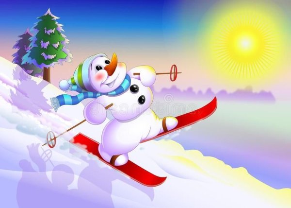 Снеговик катается на лыжах