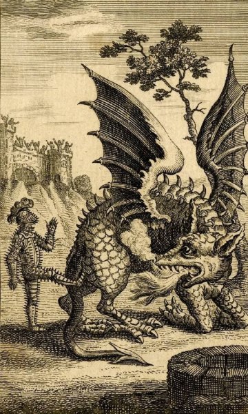 Гравюра рыцарь пинает дракона