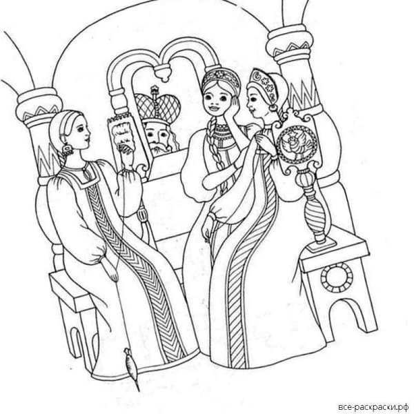Сказка о царе Салтане раскраска 3 девицы под окном