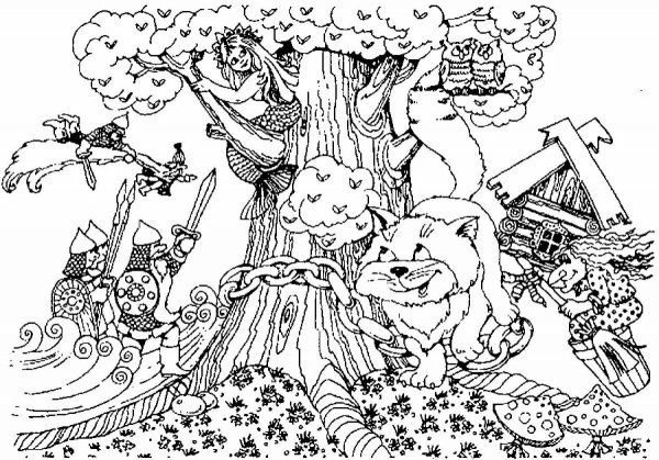Раскраска сказки Пушкина у Лукоморья дуб зеленый