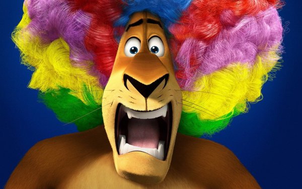 Лев Алекс из Мадагаскара в клоунском парике
