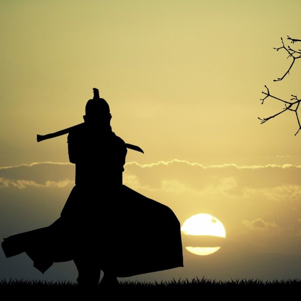 Самурай с мечом на закате