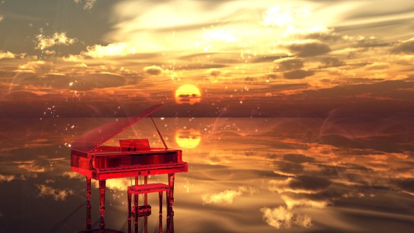 Пианино на фоне заката