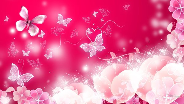 Розовый фон с бабочками и цветами