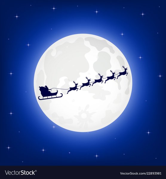 Санта с оленями на фоне Луны