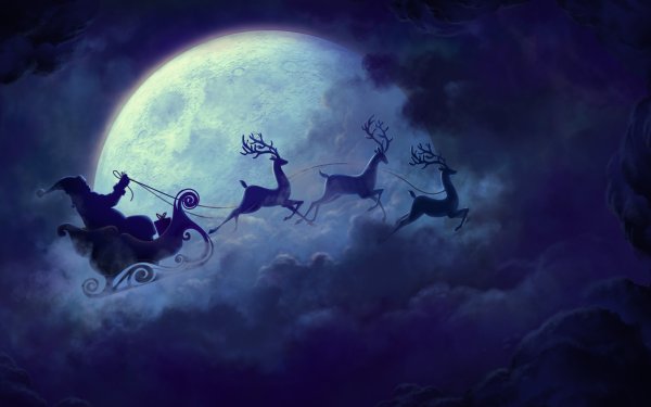 Санта Клаус в небе с оленями