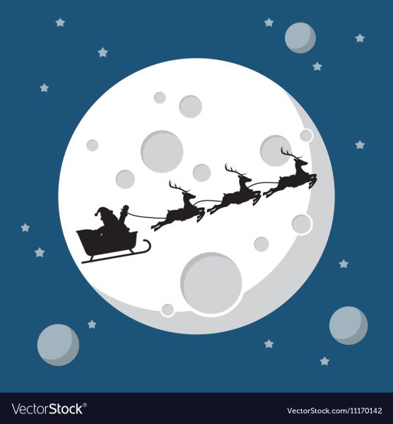 Санта на санях с оленями на фоне Луны