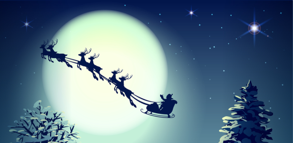 Санта Клаус на оленях на фоне Луны