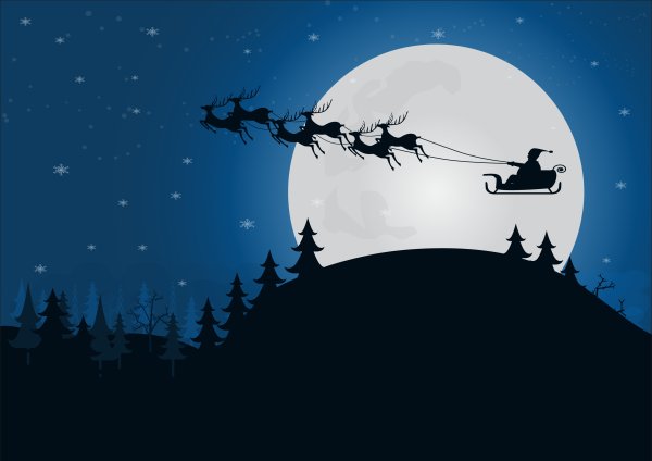 Санта клаус с оленями на фоне луны