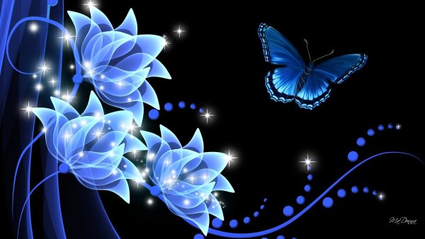 Синие бабочки на черном фоне