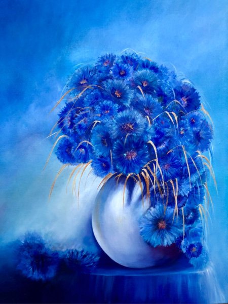 Цветы на голубом фоне маслом