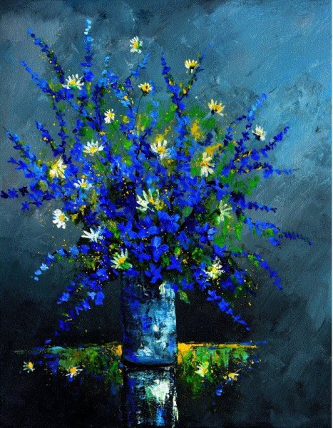 Цветы на голубом фоне живопись