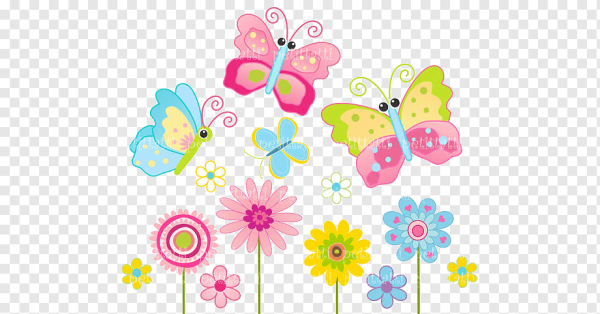 Цветочки и бабочки на белом фоне