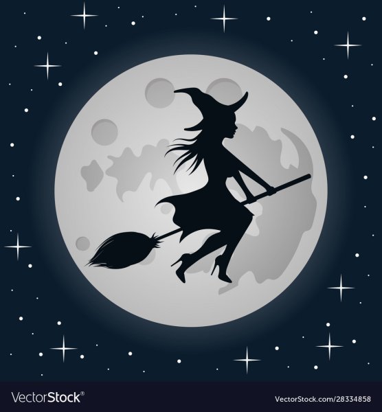 Ведьмочка на метле на фоне Луны