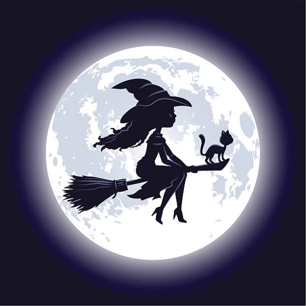 Силуэт ведьмы на метле на фоне Луны