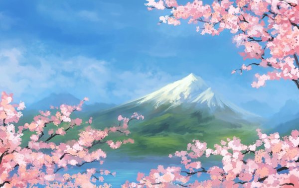 Ветка сакуры на фоне гор